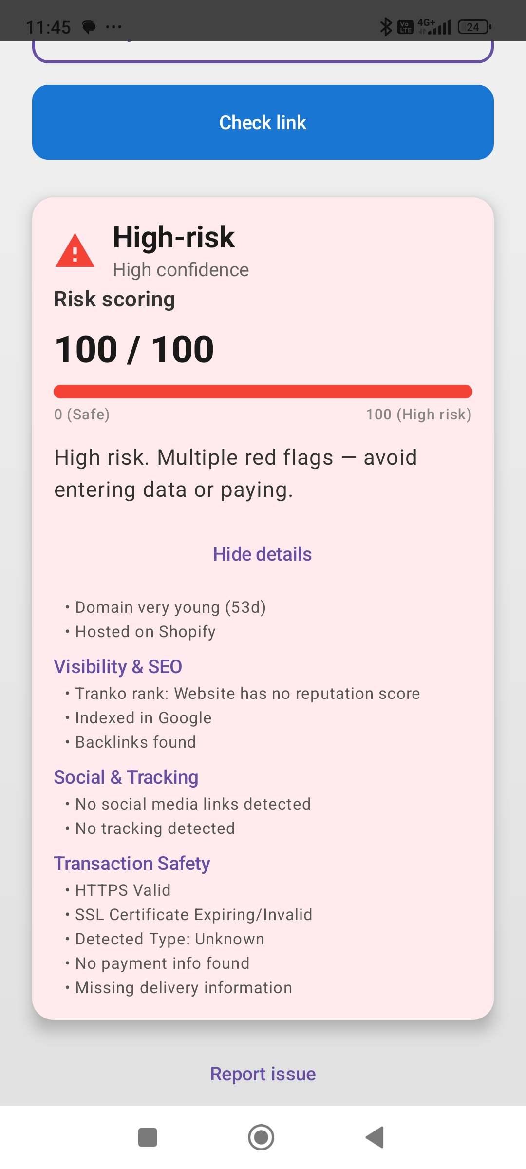 High-risk website result